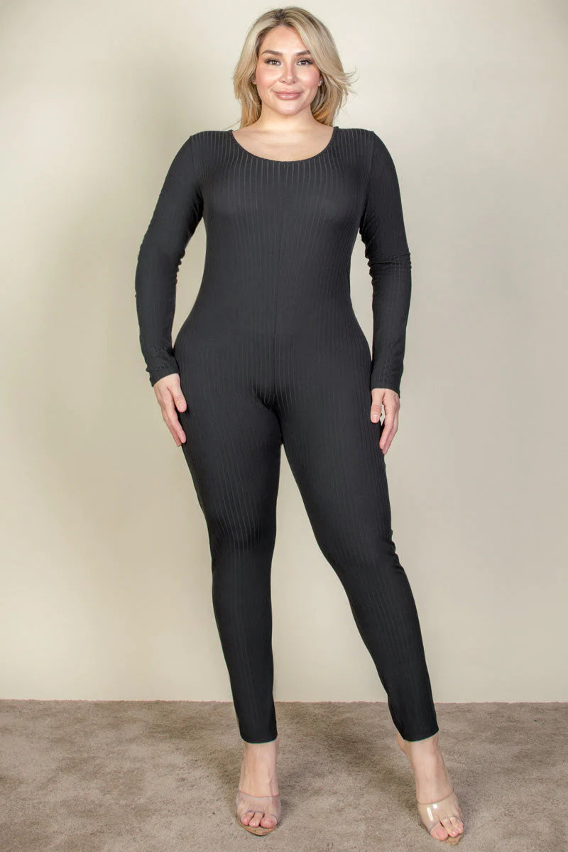 Ribbed Scoop Neck Long Sleeve Jumpsuit, Plus Size