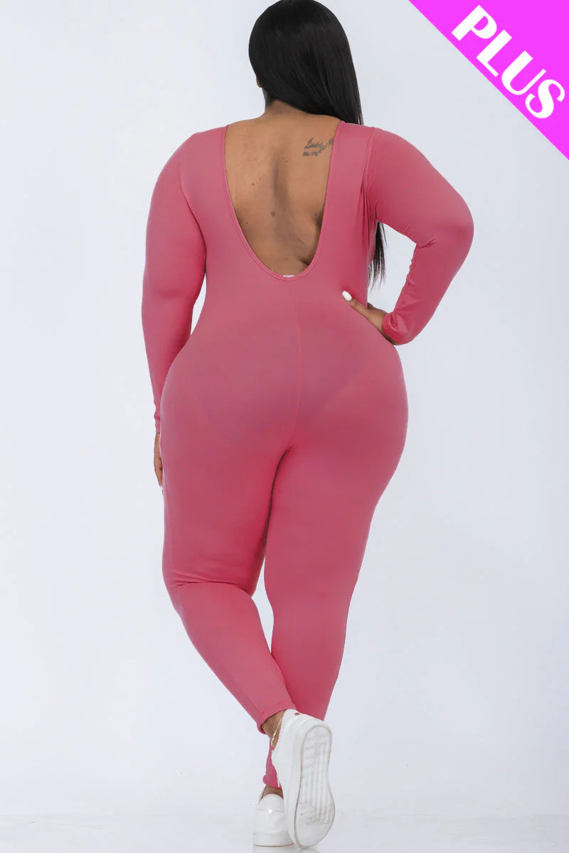 Scoop Neck Long Sleeve Bodycon Jumpsuit, Plus Size