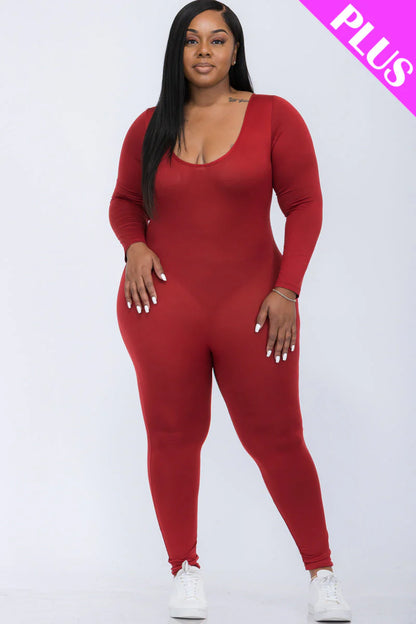 Scoop Neck Long Sleeve Bodycon Jumpsuit, Plus Size