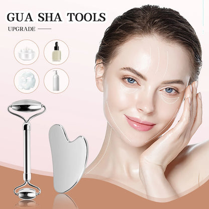 Facial Roller & Gua Sha Set – Stainless Steel