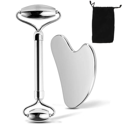 Facial Roller & Gua Sha Set – Stainless Steel