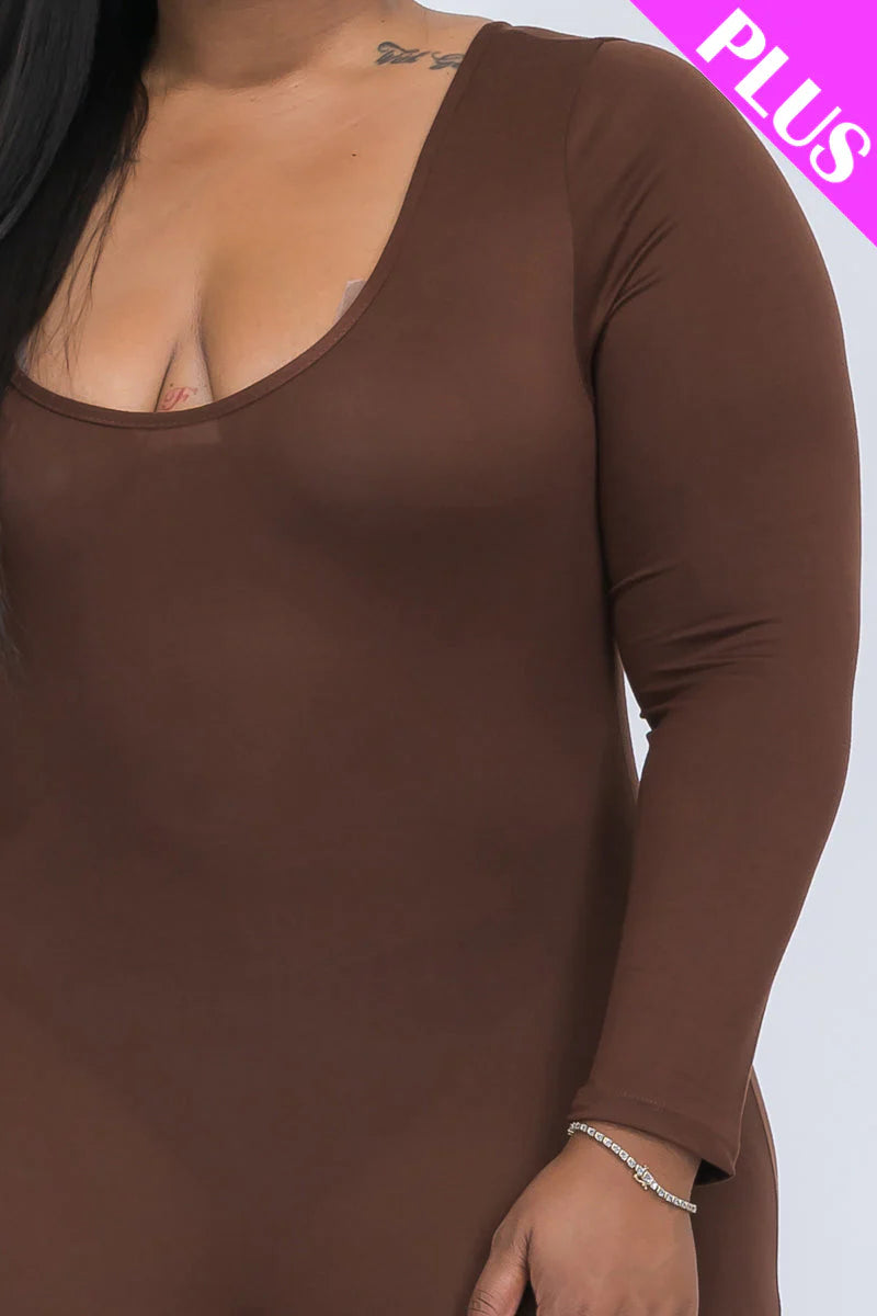 Scoop Neck Long Sleeve Bodycon Jumpsuit, Plus Size