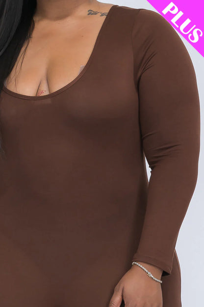 Scoop Neck Long Sleeve Bodycon Jumpsuit, Plus Size