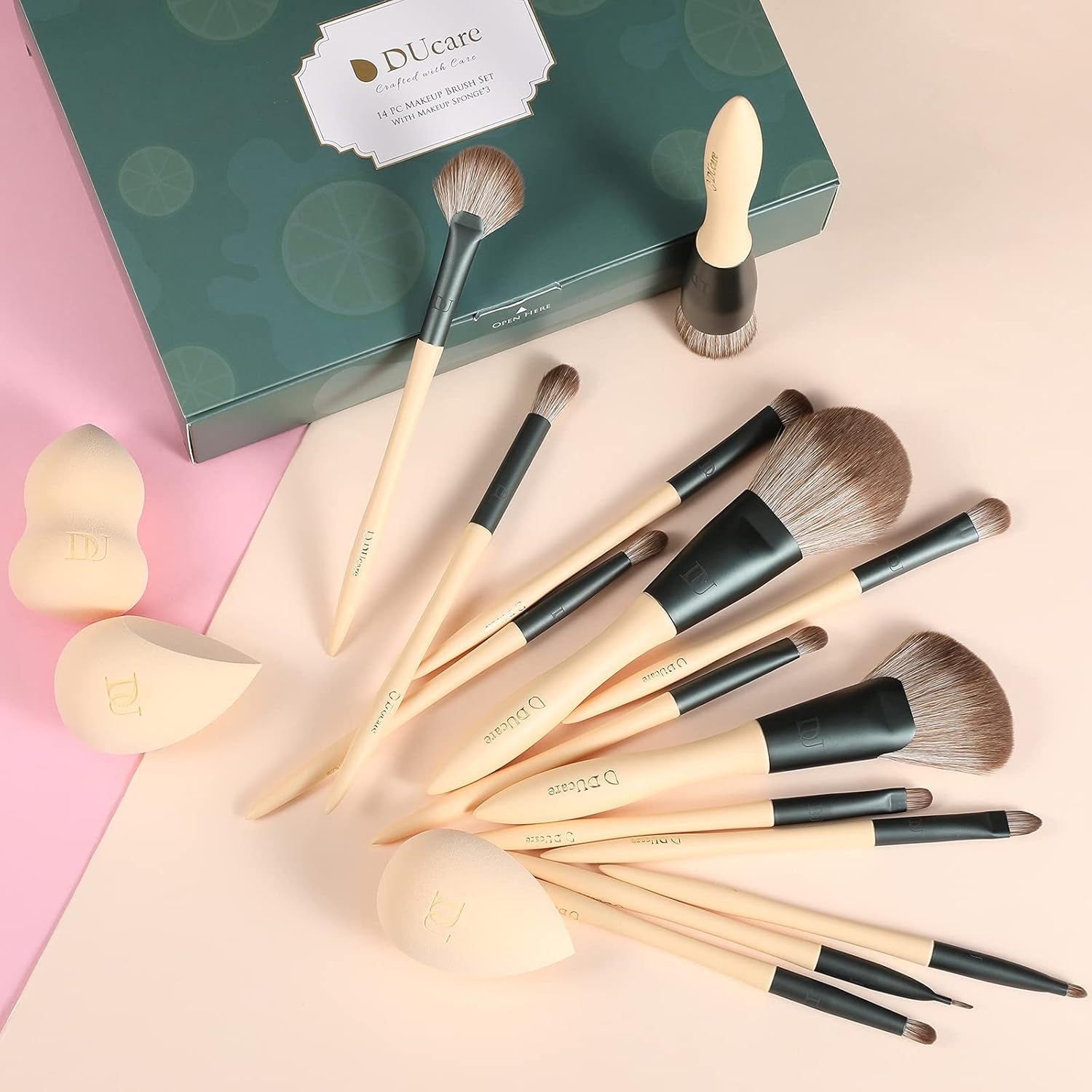 14-Piece Makeup Brush Set with Sponges & Cosmetic Bag, Cruelty-Free, Vegan