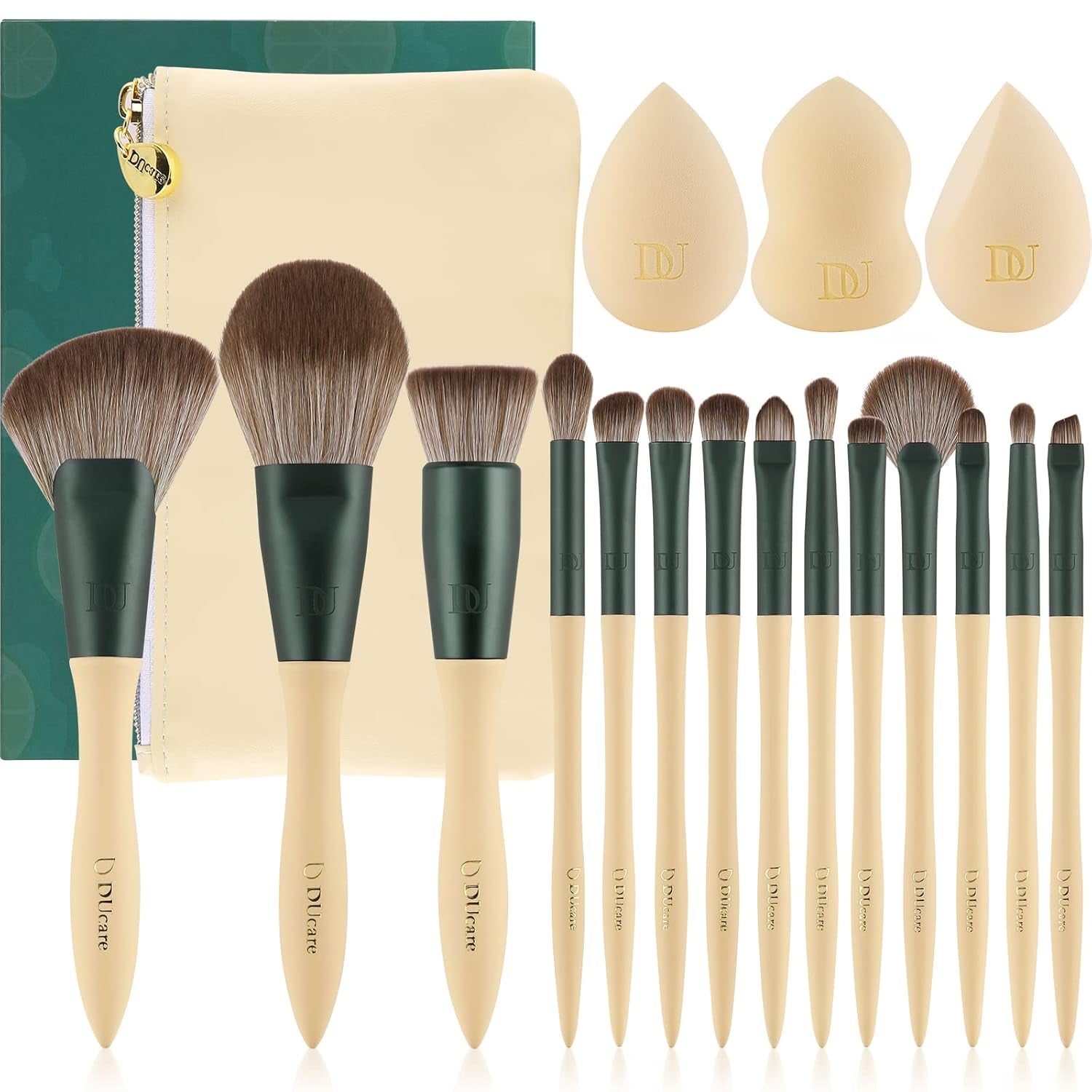 14-Piece Makeup Brush Set with Sponges & Cosmetic Bag, Cruelty-Free, Vegan