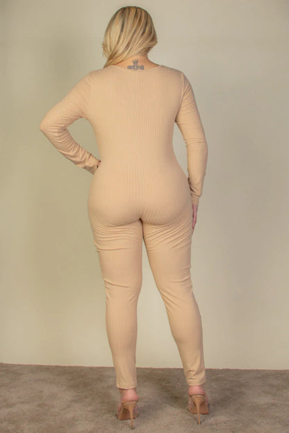 Ribbed Scoop Neck Long Sleeve Jumpsuit, Plus Size