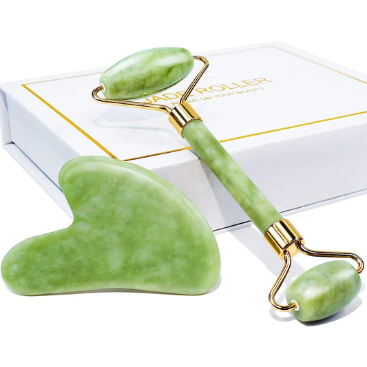 Jade Facial Roller & Gua Sha Set for Skin Care, Lymphatic Drainage Massage