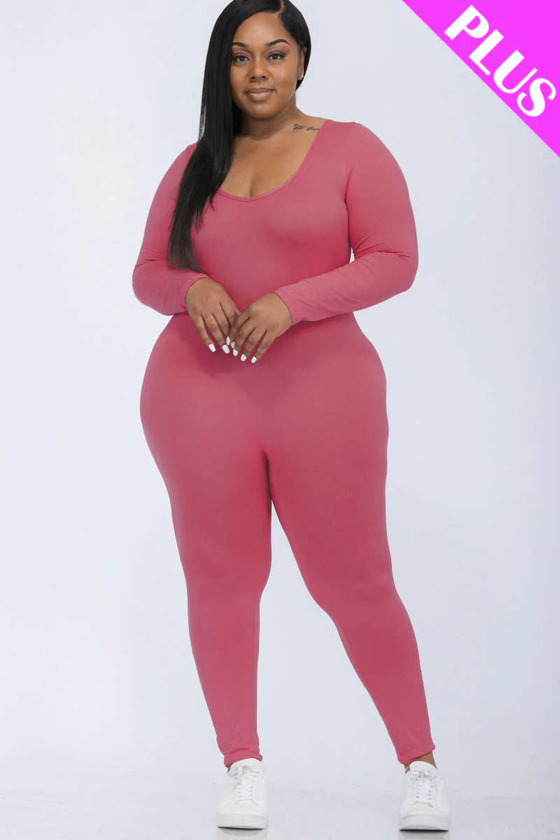 Scoop Neck Long Sleeve Bodycon Jumpsuit, Plus Size