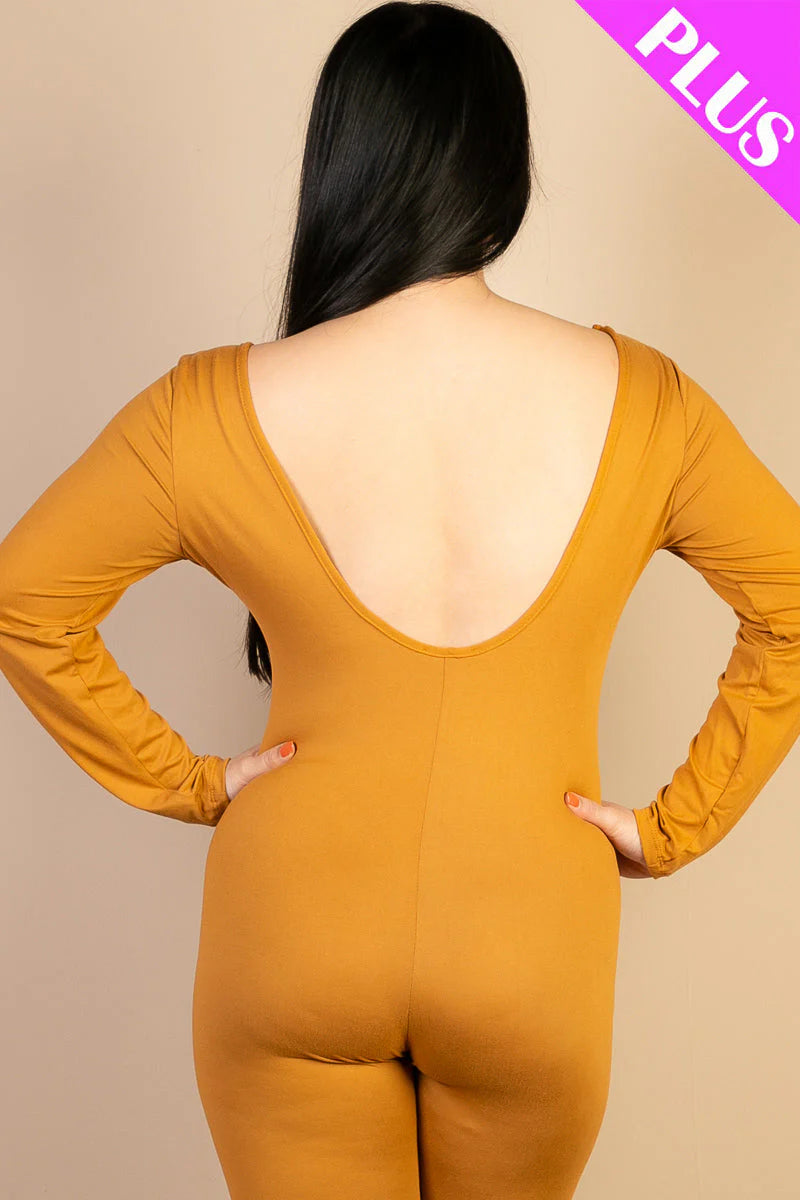 Scoop Neck Long Sleeve Bodycon Jumpsuit, Plus Size