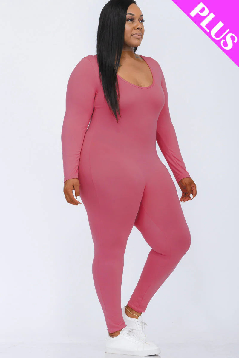 Scoop Neck Long Sleeve Bodycon Jumpsuit, Plus Size