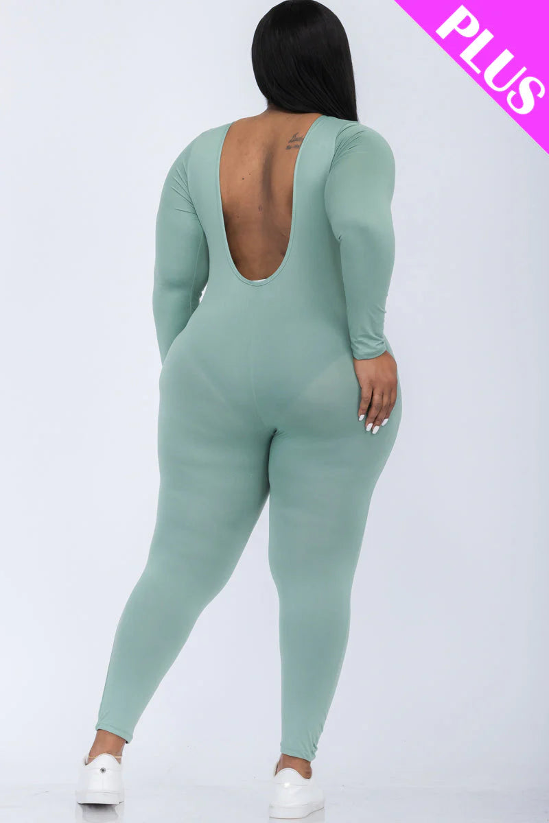 Scoop Neck Long Sleeve Bodycon Jumpsuit, Plus Size