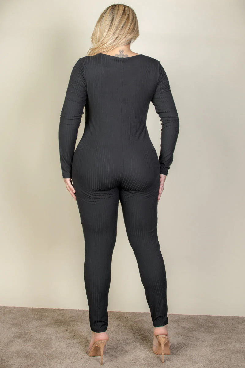 Ribbed Scoop Neck Long Sleeve Jumpsuit, Plus Size