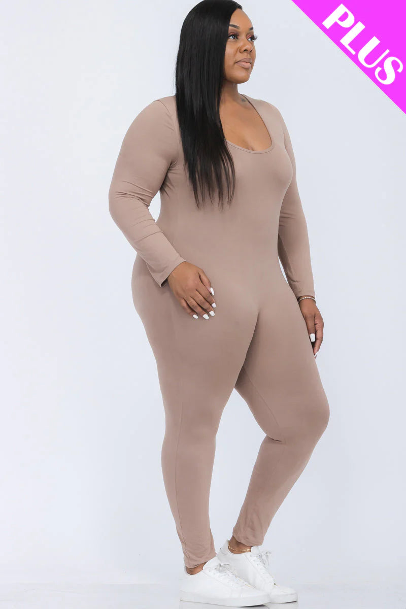 Scoop Neck Long Sleeve Bodycon Jumpsuit, Plus Size