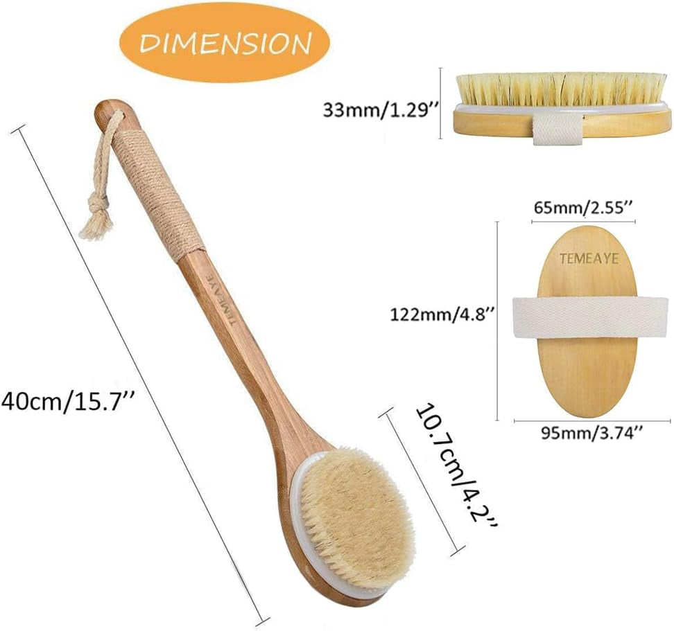 Dry Brushing Body Brush Set (2-Piece) – Wooden Long-Handle & Handheld Exfoliating Brushes for Lymphatic Massage, Smooth, Glowing Skin