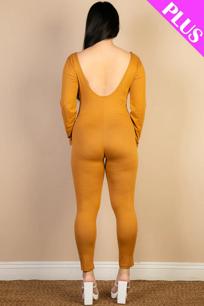 Scoop Neck Long Sleeve Bodycon Jumpsuit, Plus Size