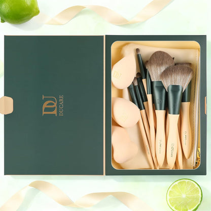 14-Piece Makeup Brush Set with Sponges & Cosmetic Bag, Cruelty-Free, Vegan