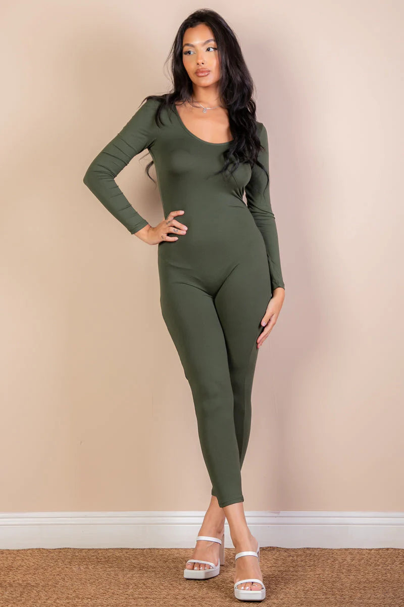 Scoop Neck Long Sleeve Bodycon Jumpsuit