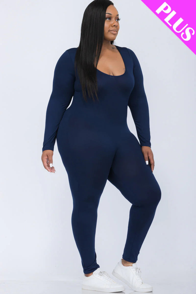 Scoop Neck Long Sleeve Bodycon Jumpsuit, Plus Size