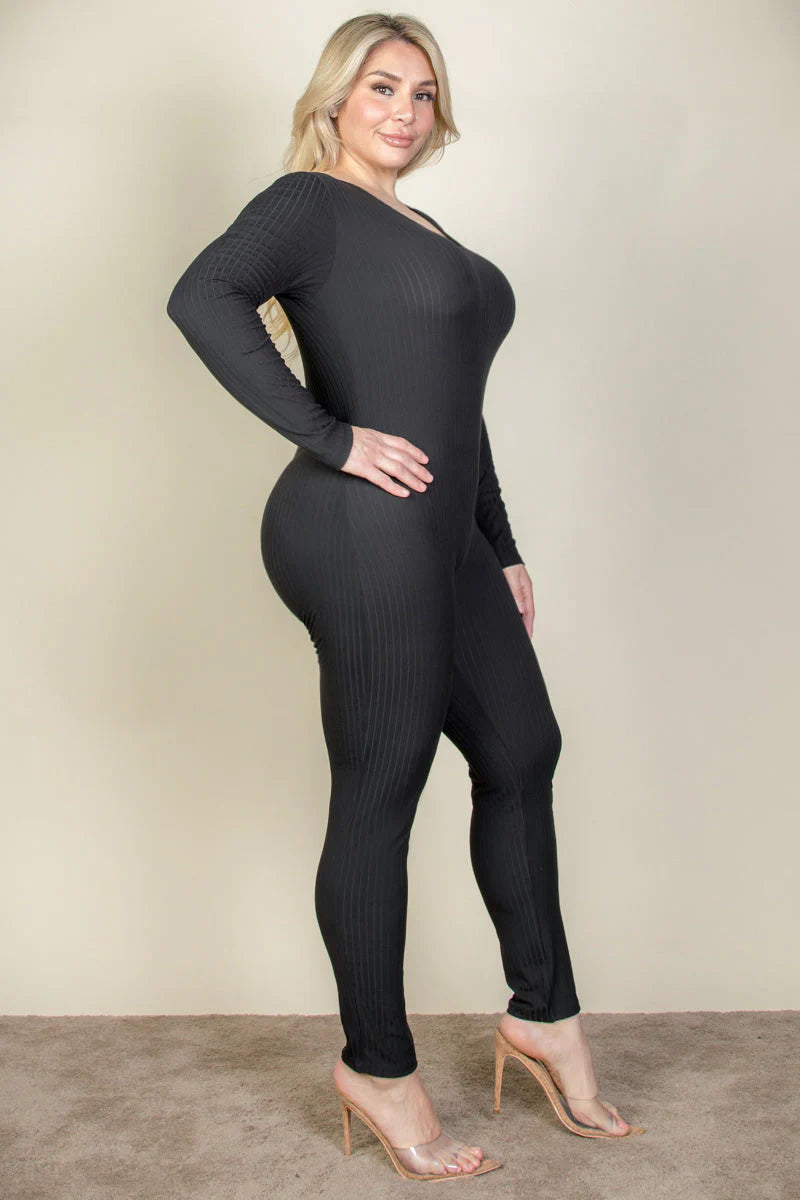 Ribbed Scoop Neck Long Sleeve Jumpsuit, Plus Size