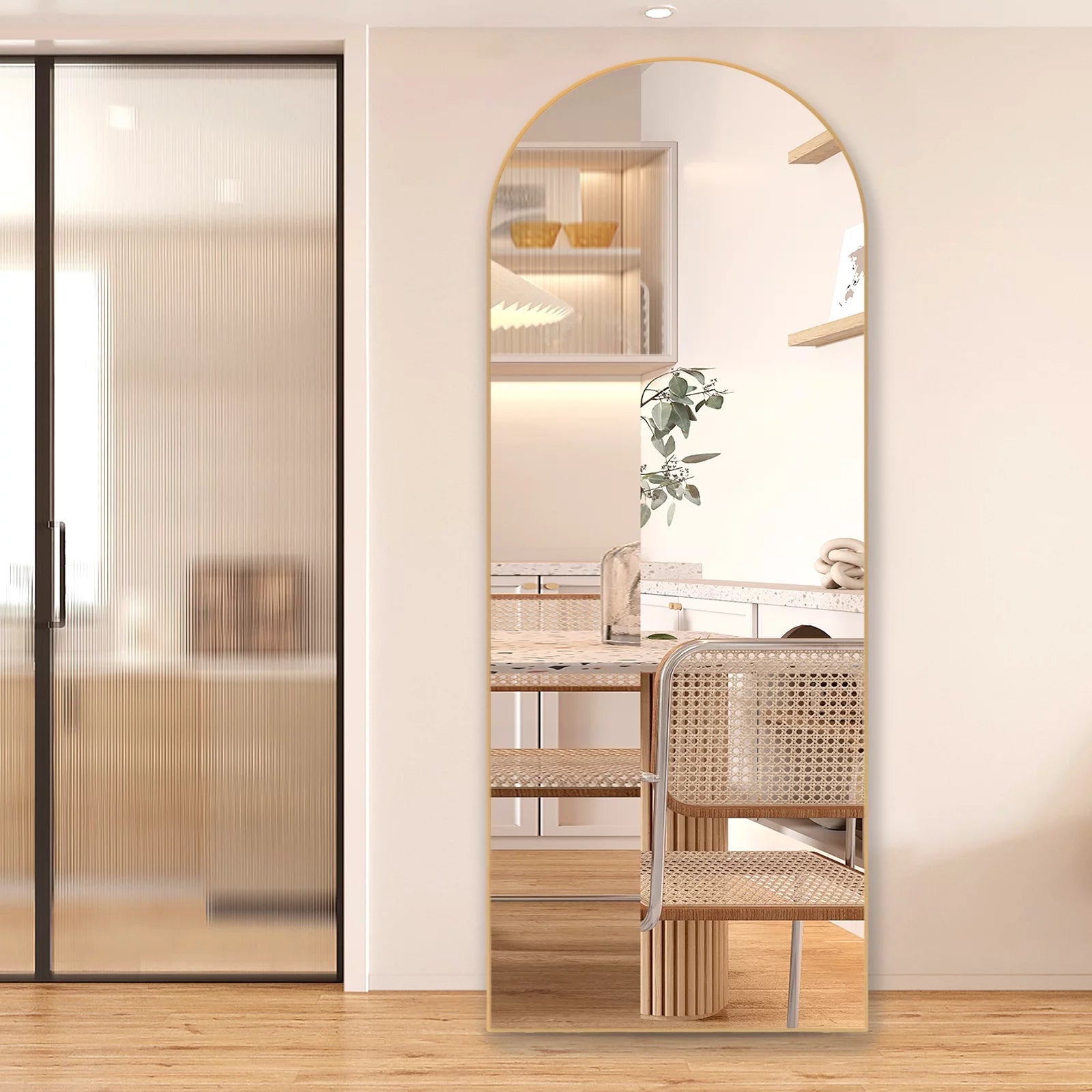 Arched Full-Length Floor Mirror, 64"X21" Full Body Standing Mirror, Gold 