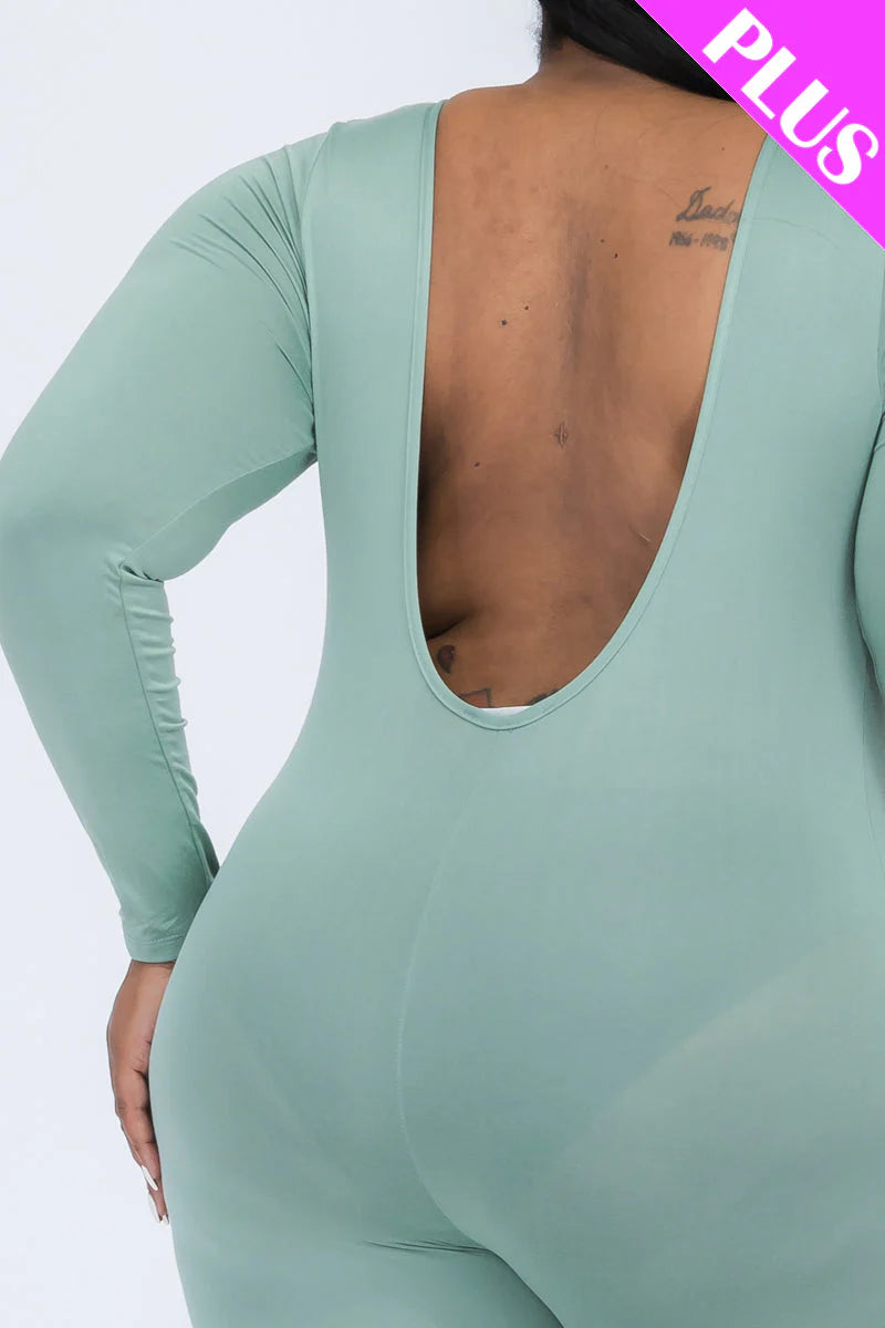 Scoop Neck Long Sleeve Bodycon Jumpsuit, Plus Size